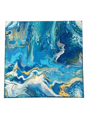 Hand Crafted Acrylic Pour Painting by Svetlana Yeung in Gold Blue White 10”x10”